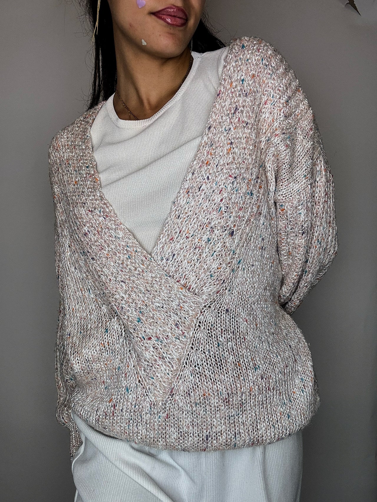 Pull manches chauve souris en maille rose poudré L vintage