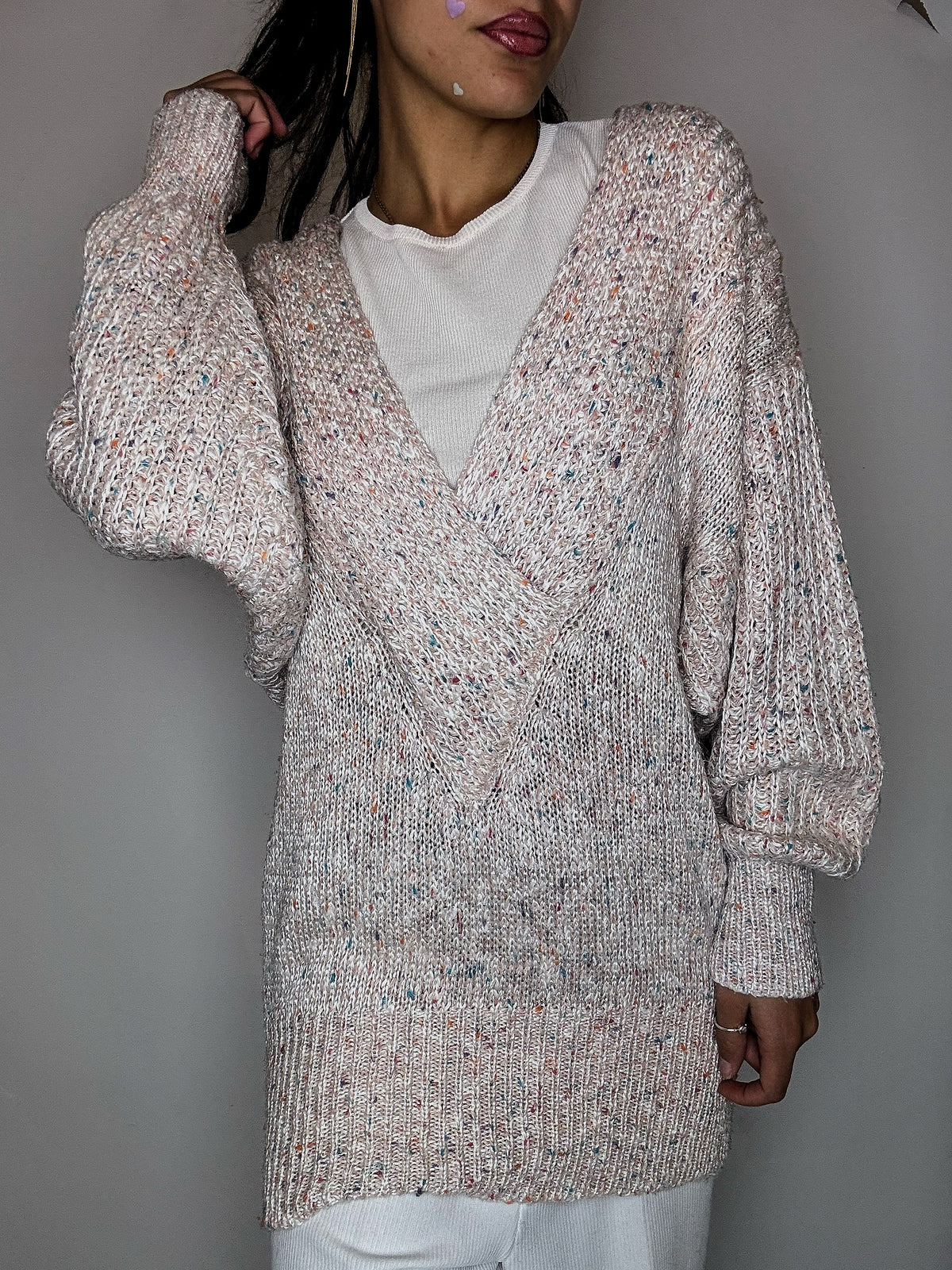 Pull manches chauve souris en maille rose poudré L vintage