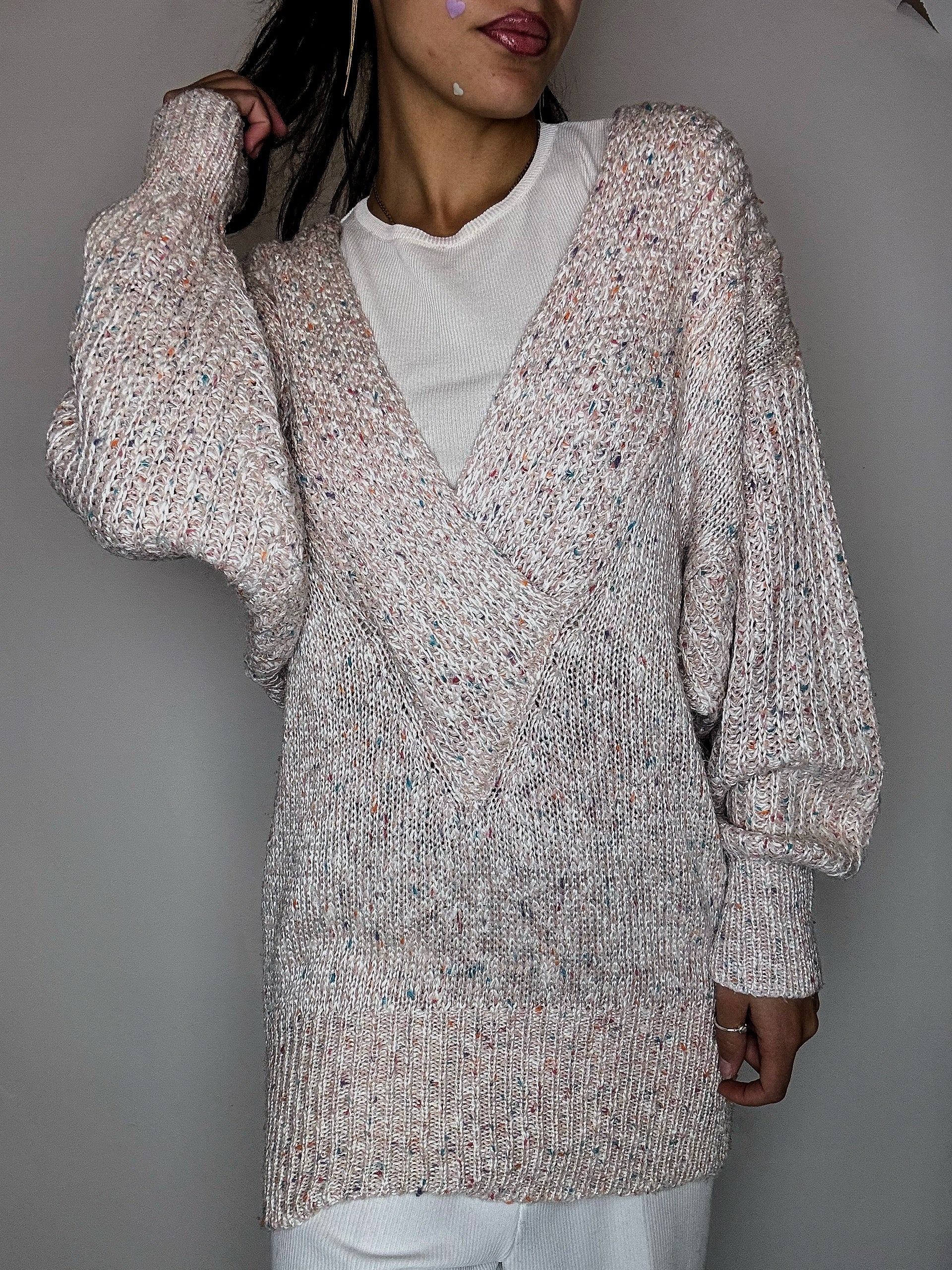 Pull manches chauve souris en maille rose poudré L vintage