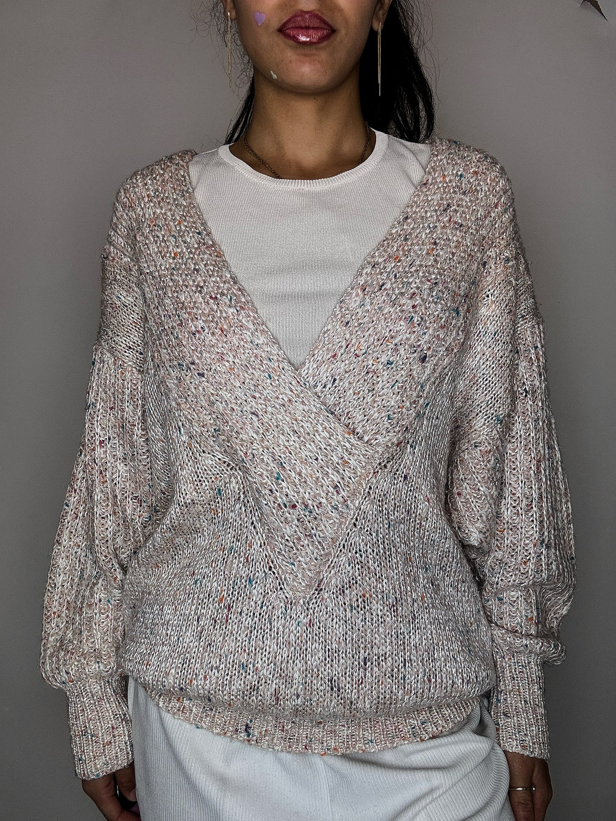 Pull manches chauve souris en maille rose poudré L vintage