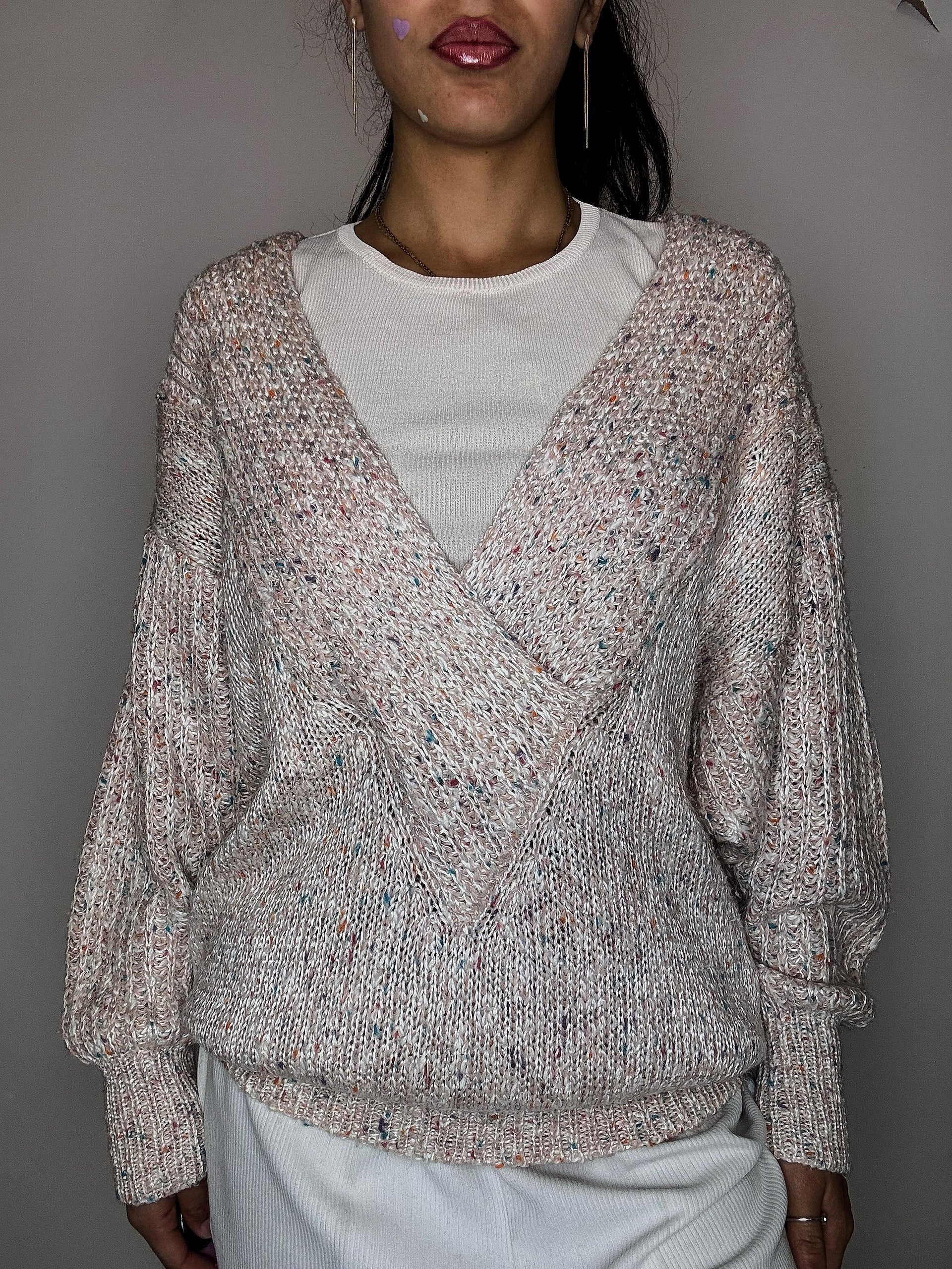 Pull manches chauve souris en maille rose poudré L vintage