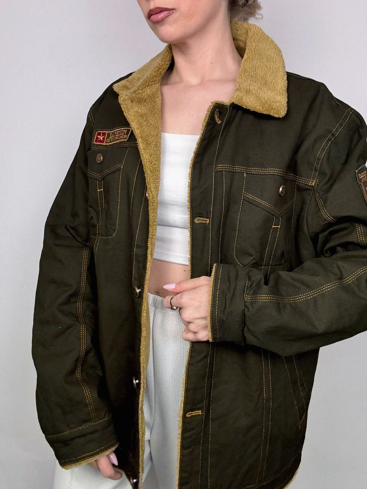 Vintage L/XL waterproof khaki aviator style jacket