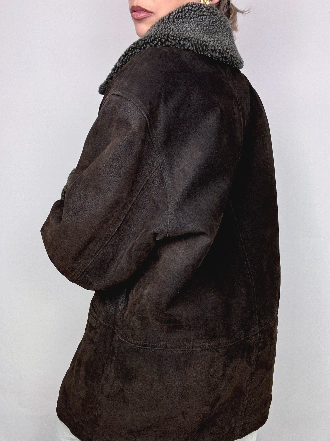 Vintage L/XL distressed leather brown fur coat