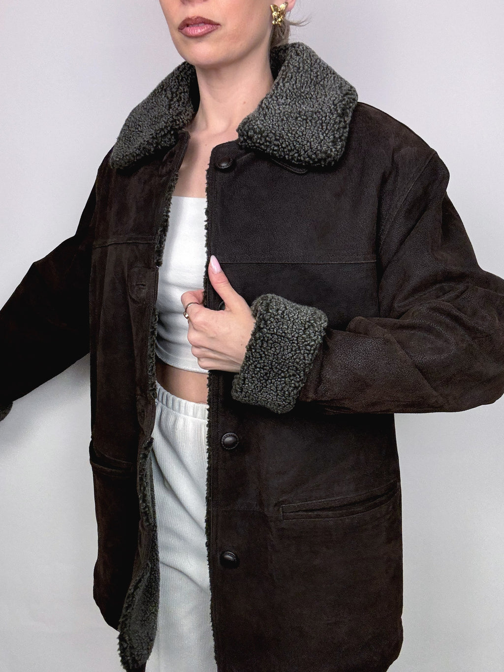 Vintage L/XL Distressed Leder brauner Pelzmantel