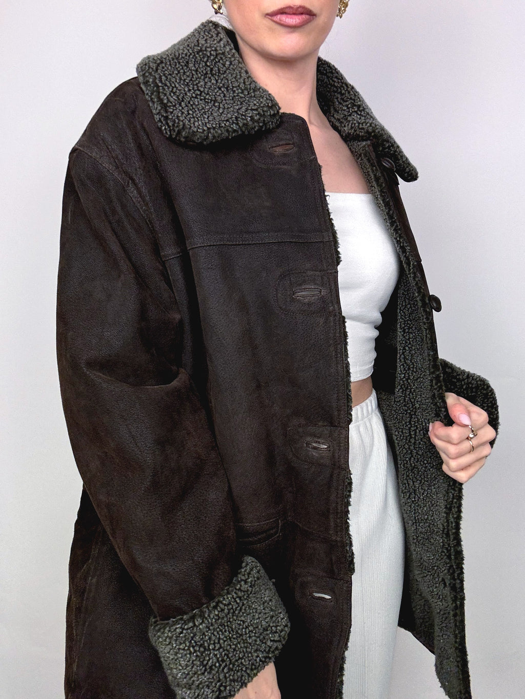 Vintage L/XL Distressed Leder brauner Pelzmantel