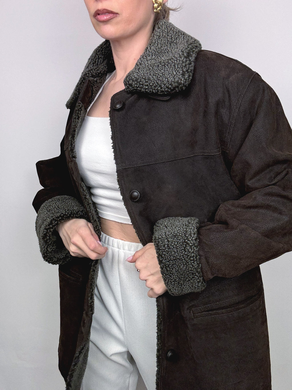 Vintage L/XL Distressed Leder brauner Pelzmantel