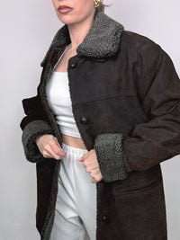 Vintage L/XL Distressed Leder brauner Pelzmantel