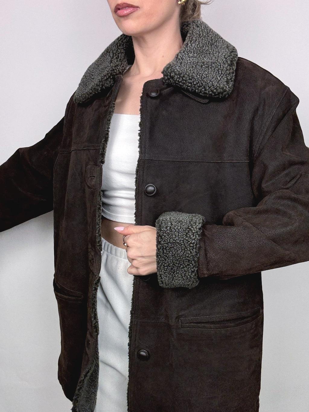 Vintage L/XL Distressed Leder brauner Pelzmantel