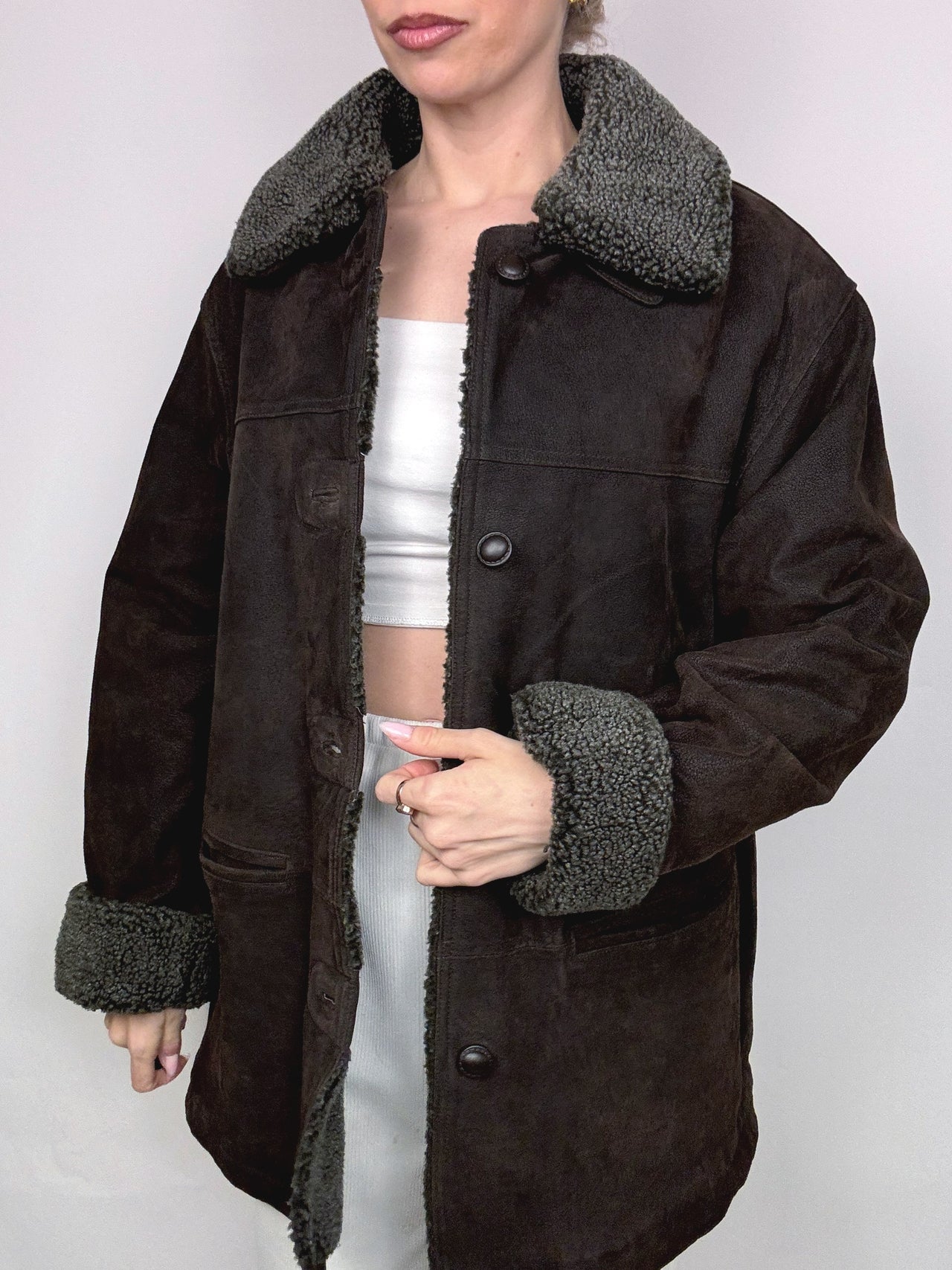 Vintage L/XL distressed leather brown fur coat