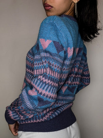 Pull en laine à motif rose et bleu S vintage