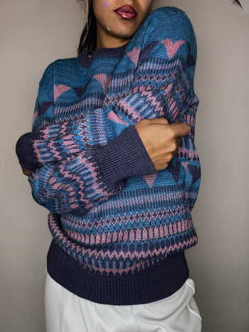 Pull en laine à motif rose et bleu S vintage