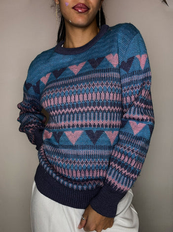 Pull en laine à motif rose et bleu S vintage