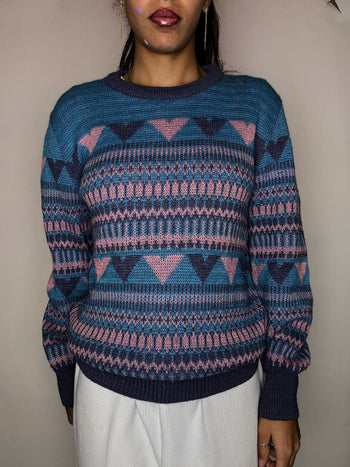 Pull en laine à motif rose et bleu S vintage