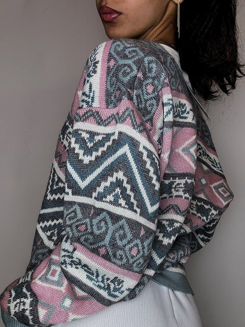 Cardigan graphique rose et bleu L vintage