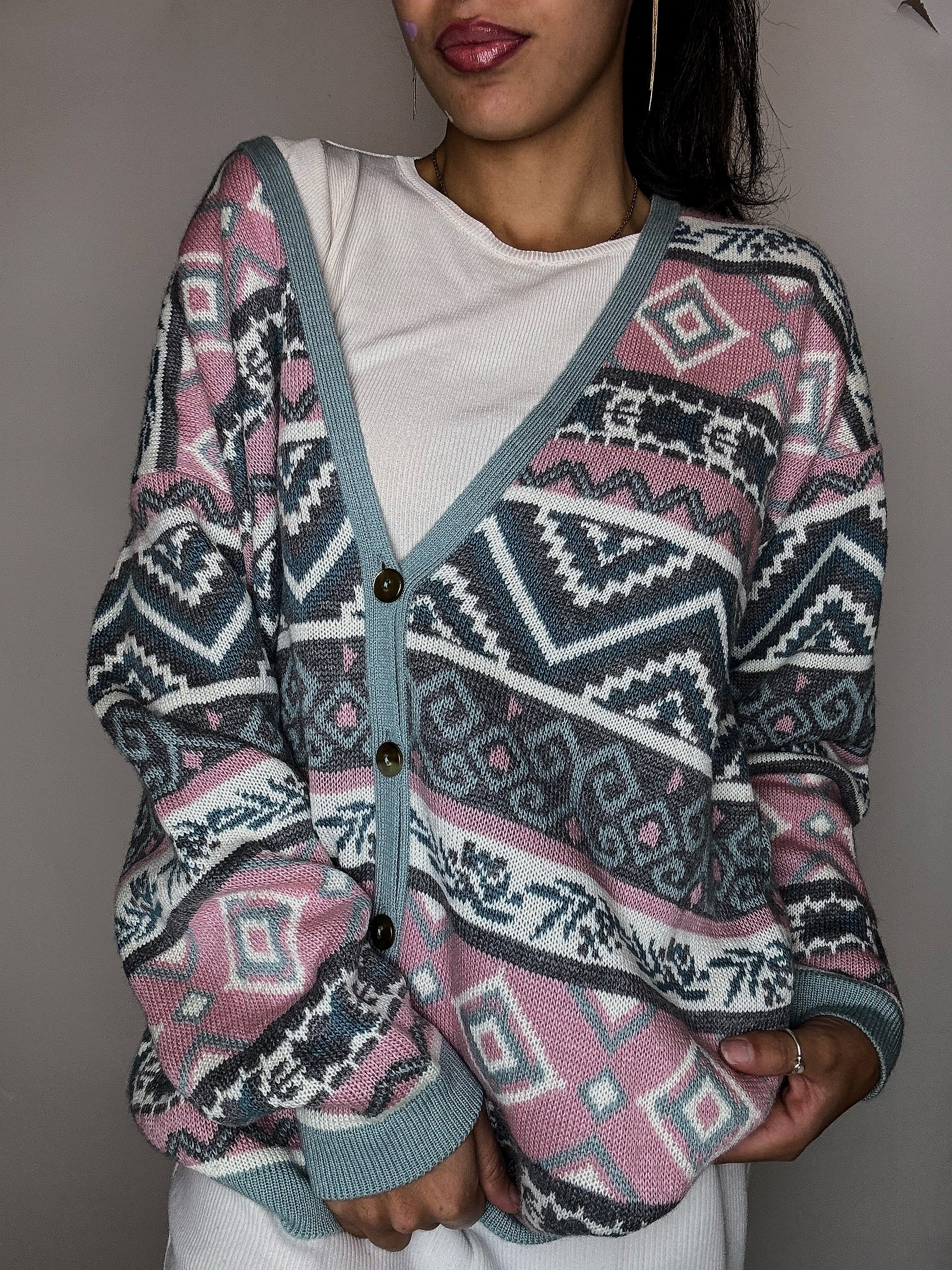 Cardigan graphique rose et bleu L vintage