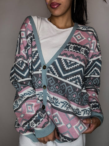 Cardigan graphique rose et bleu L vintage