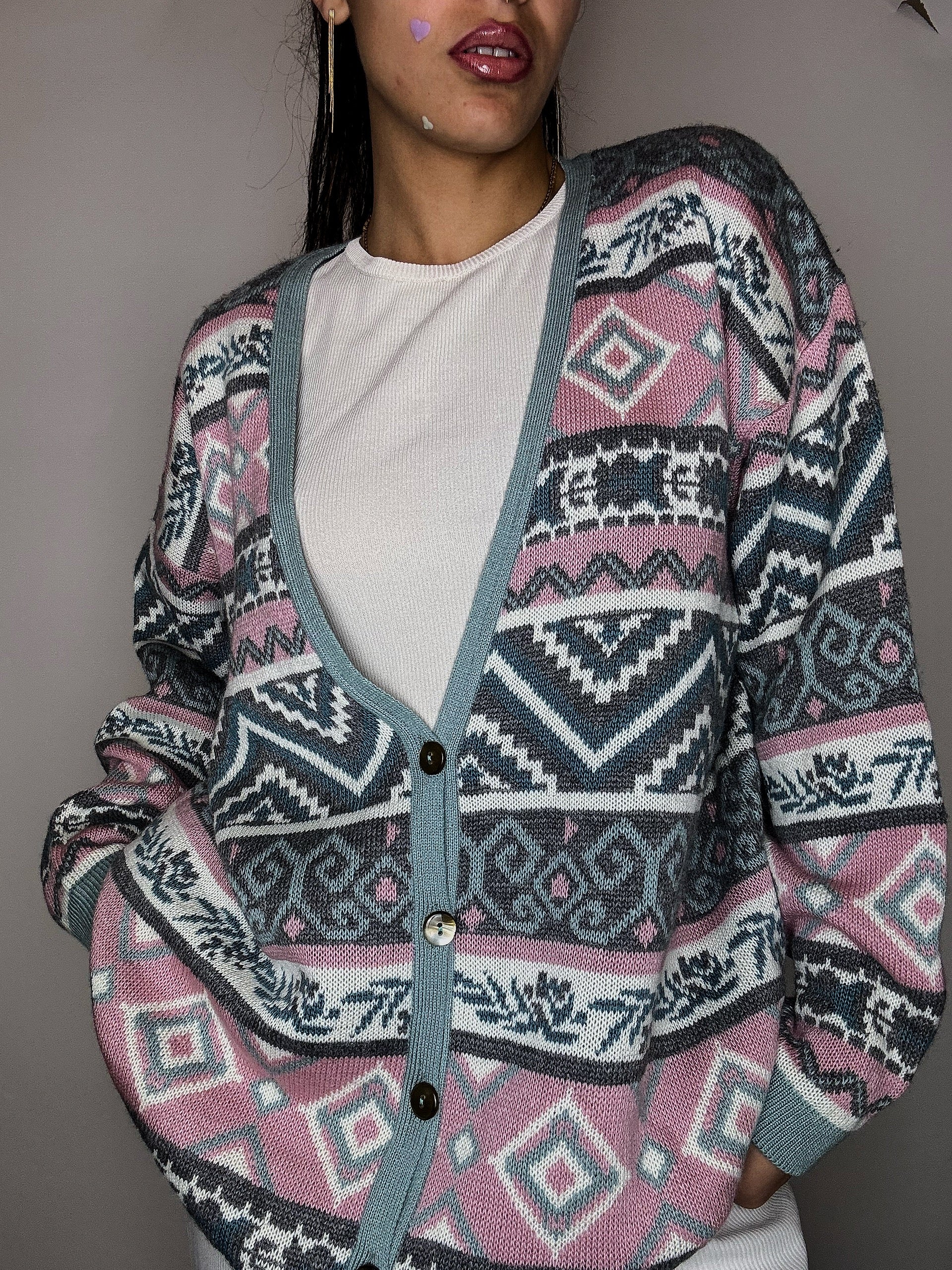 Cardigan graphique rose et bleu L vintage