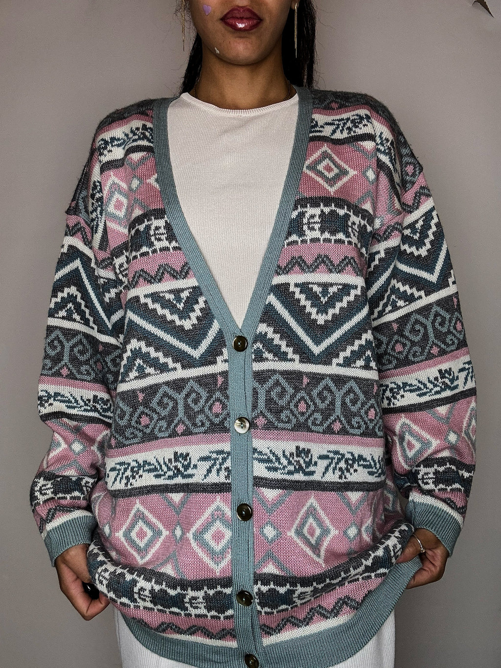 Cardigan graphique rose et bleu L vintage