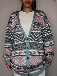 Cardigan graphique rose et bleu L vintage
