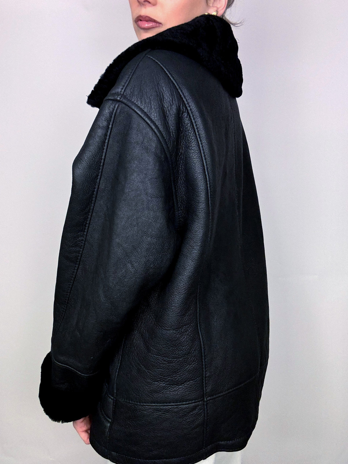 Vintage Schwarzer Shearling Mantel L/XL