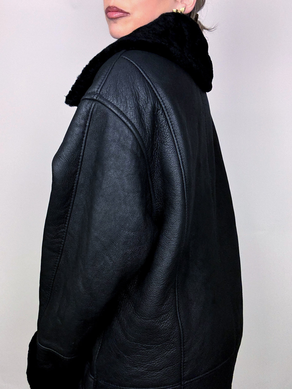 Vintage Schwarzer Shearling Mantel L/XL