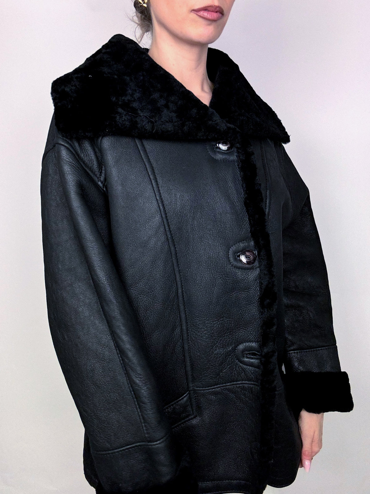 Vintage Schwarzer Shearling Mantel L/XL