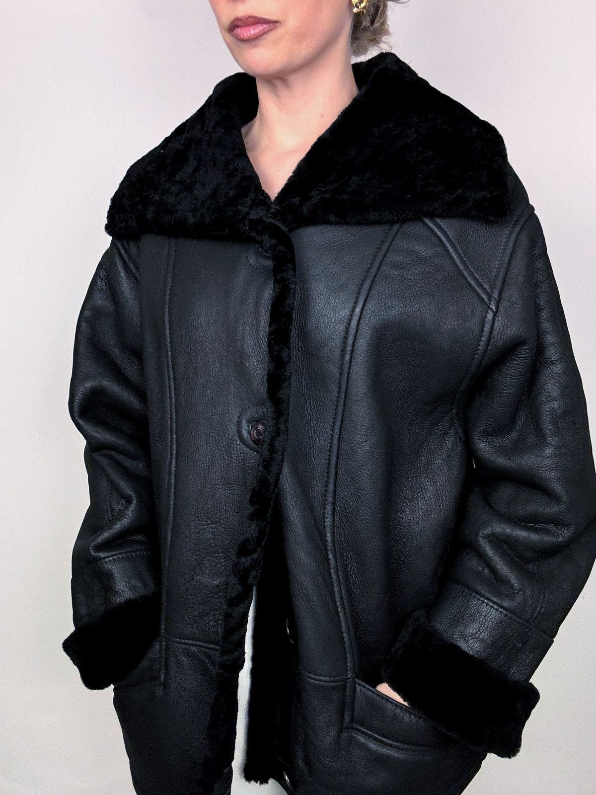 Vintage Schwarzer Shearling Mantel L/XL