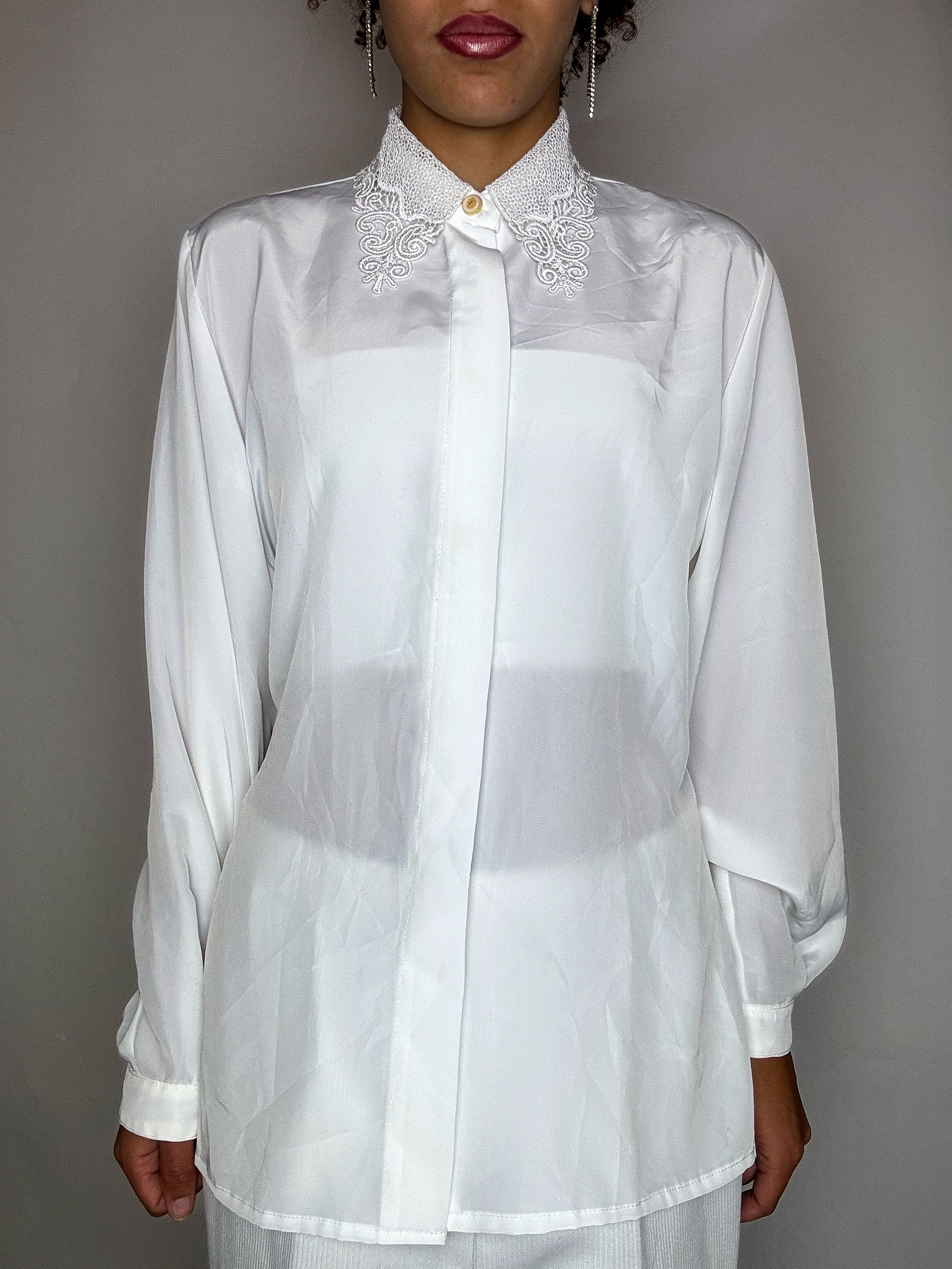 Vintage-Hemd, weiß, mit Spitzenkragen, Größe M/L