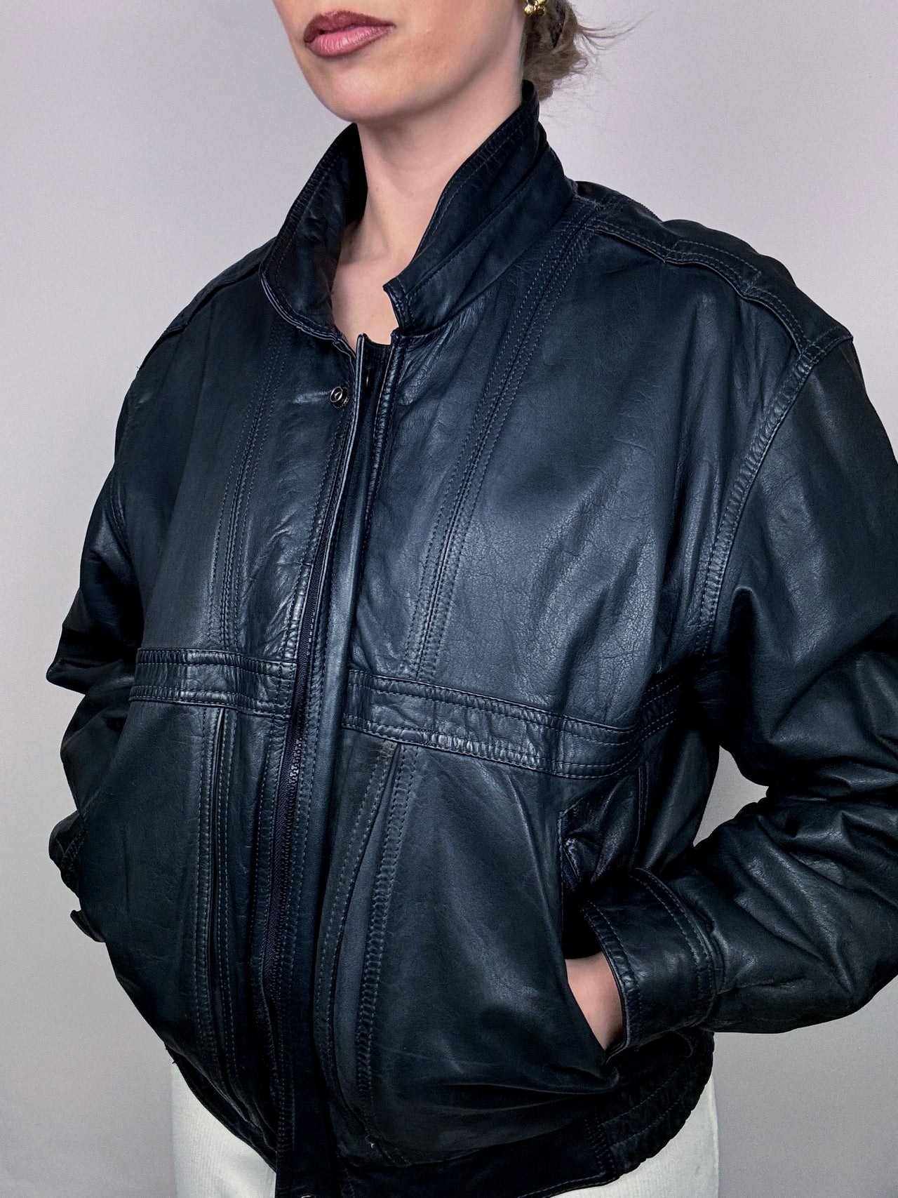 Blouson en cuir style aviator noir bleuté M vintage