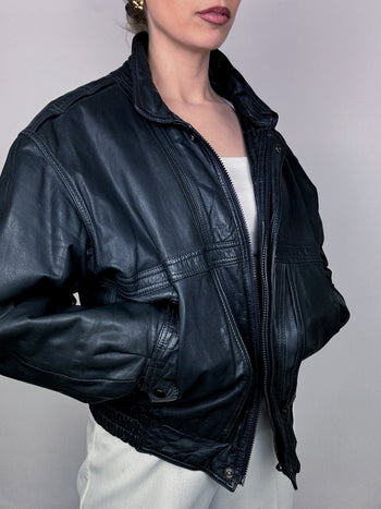 Blouson en cuir style aviator noir bleuté M vintage