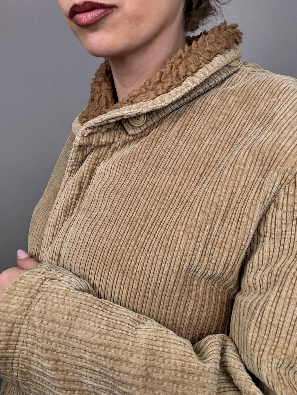 Vintage beige Cordjacke mit Bouclette-Innenseite L/XL