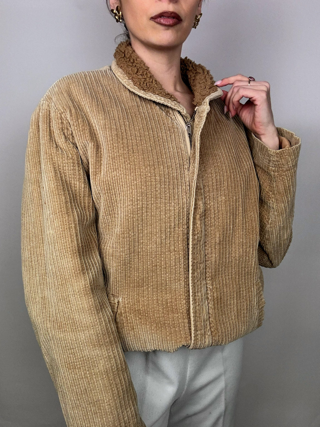 Vintage beige Cordjacke mit Bouclette-Innenseite L/XL