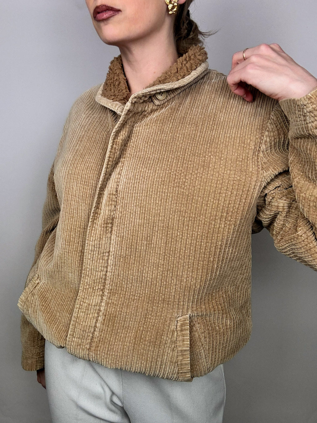 Vintage beige Cordjacke mit Bouclette-Innenseite L/XL