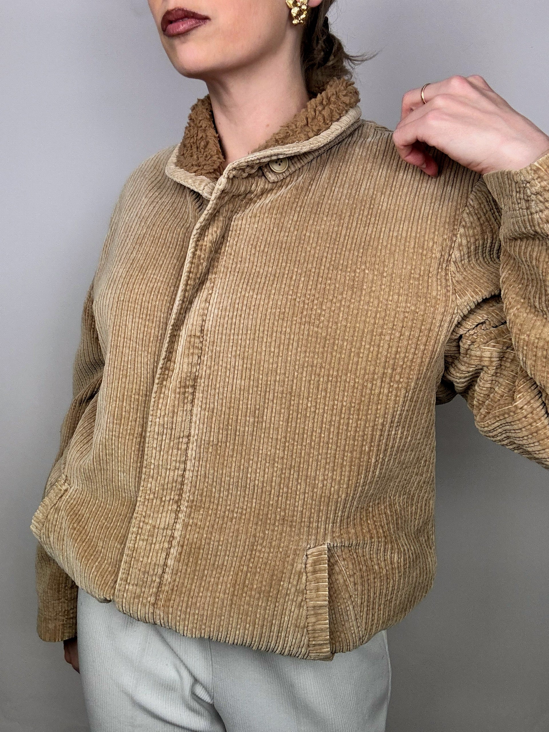 Vintage beige Cordjacke mit Bouclette-Innenseite L/XL