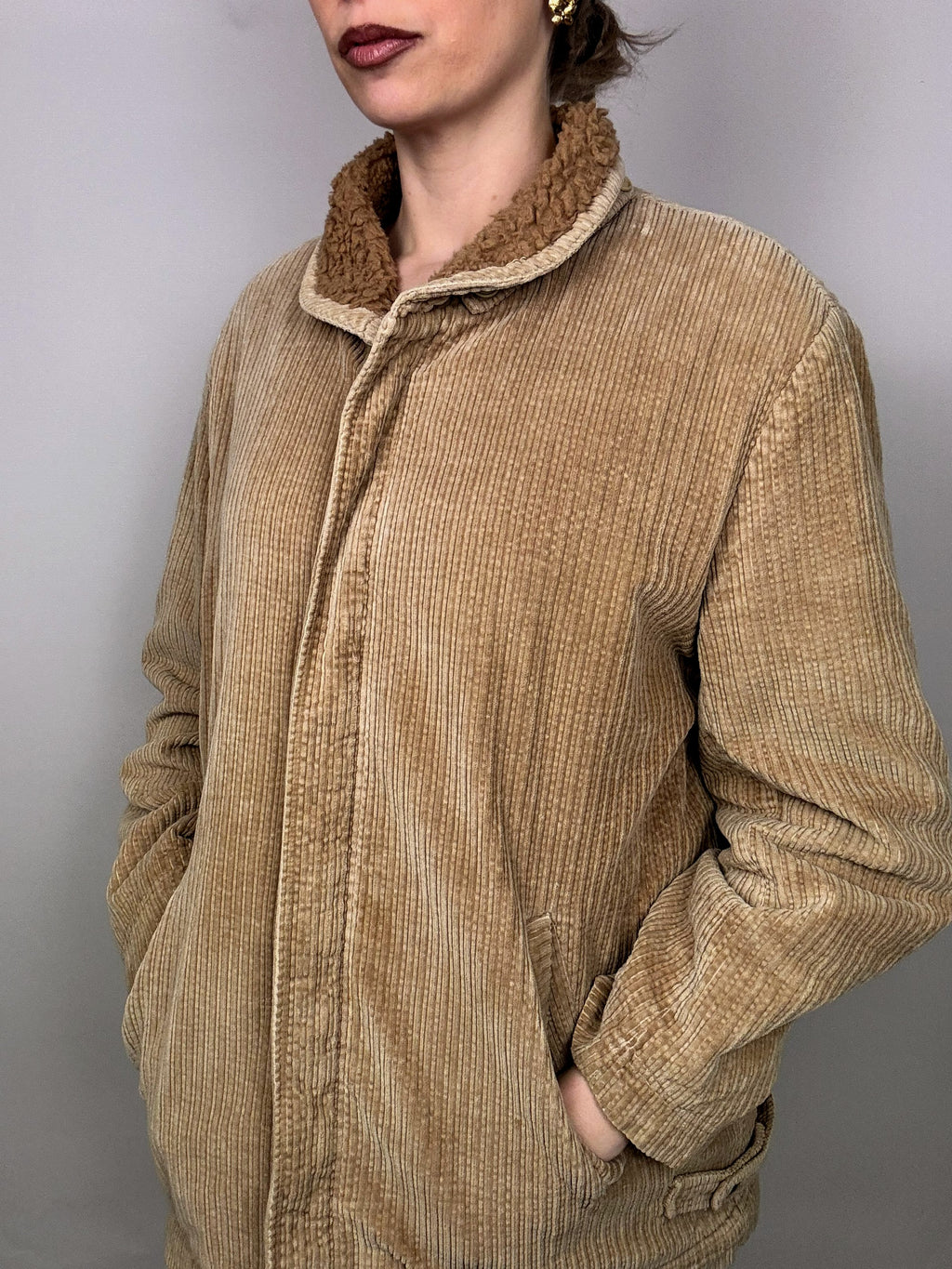 Vintage beige Cordjacke mit Bouclette-Innenseite L/XL