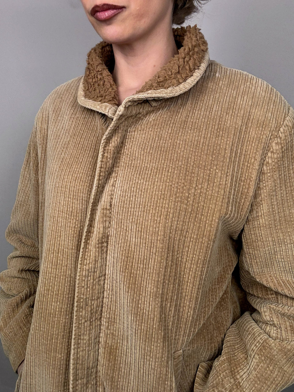 Vintage beige Cordjacke mit Bouclette-Innenseite L/XL