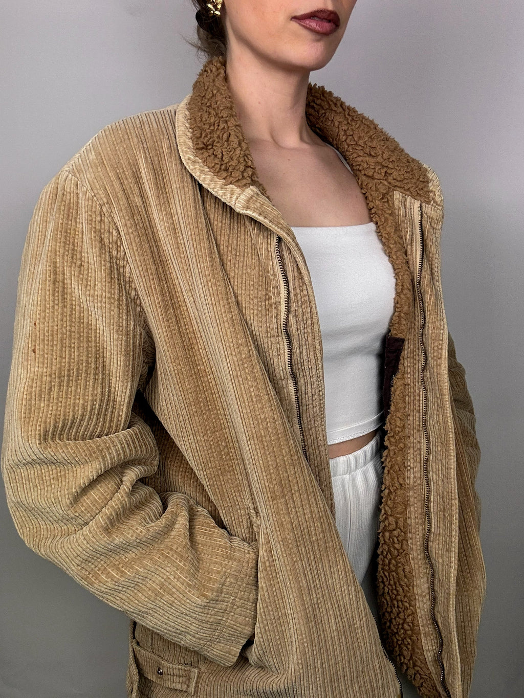 Vintage beige Cordjacke mit Bouclette-Innenseite L/XL