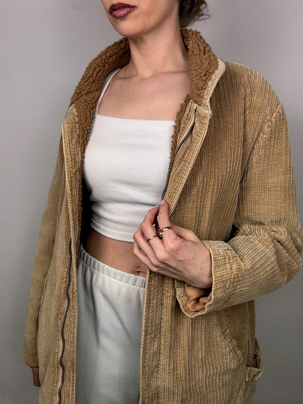 Vintage beige Cordjacke mit Bouclette-Innenseite L/XL