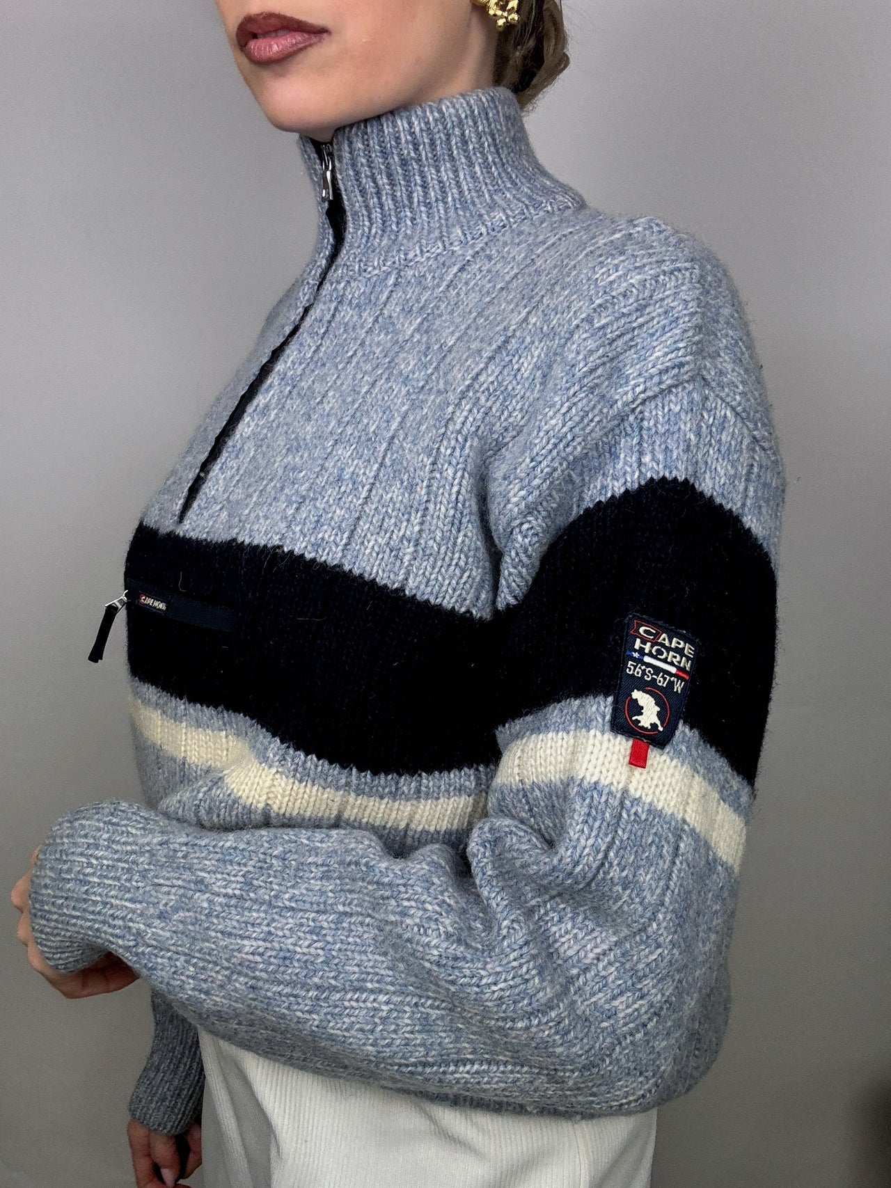Pull col cheminée bicolore 100%laine L vintage