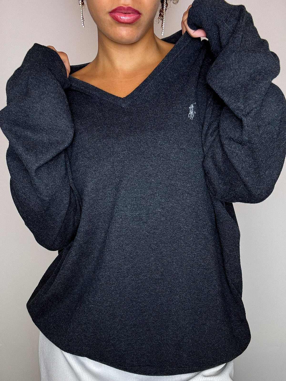 Pull col V gris foncé RALPH LAUREN L vintage