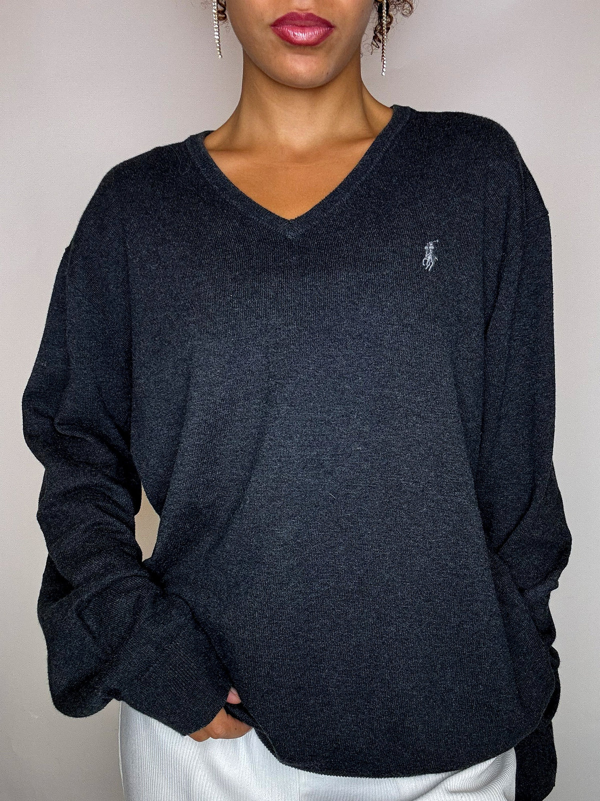Pull col V gris foncé RALPH LAUREN L vintage