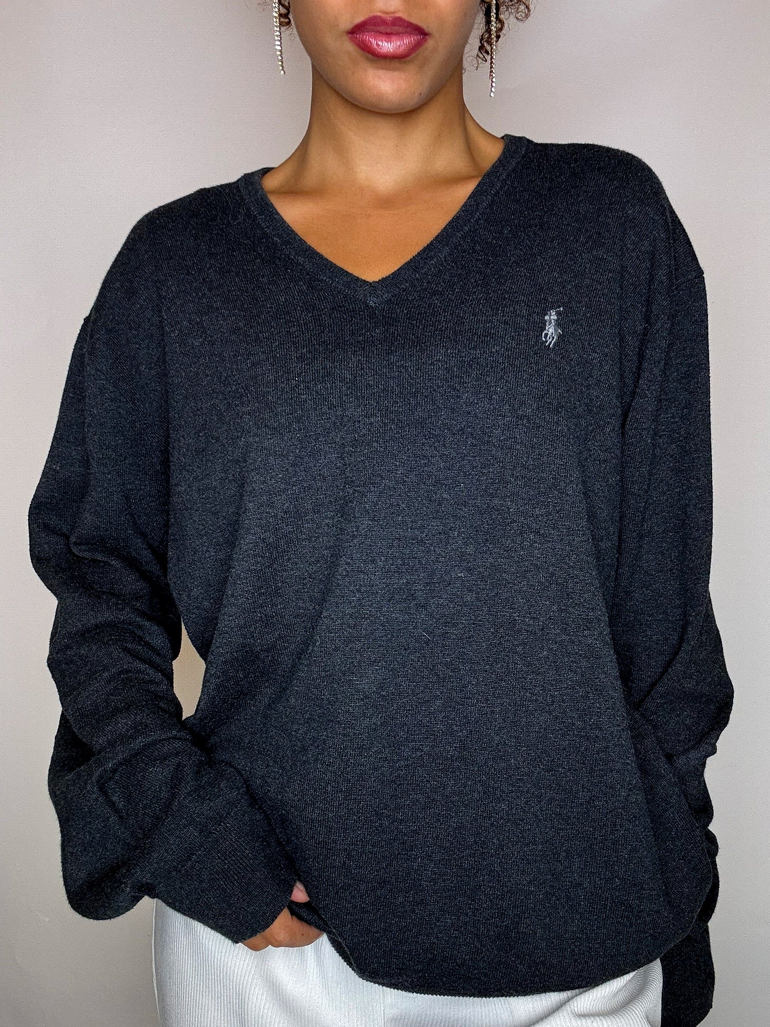 Pull col V gris foncé RALPH LAUREN L vintage