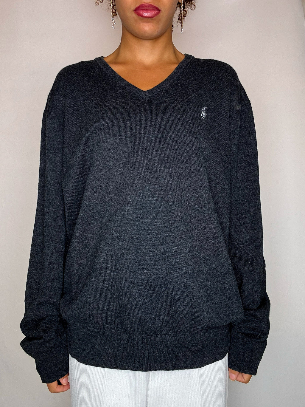 Pull col V gris foncé RALPH LAUREN L vintage