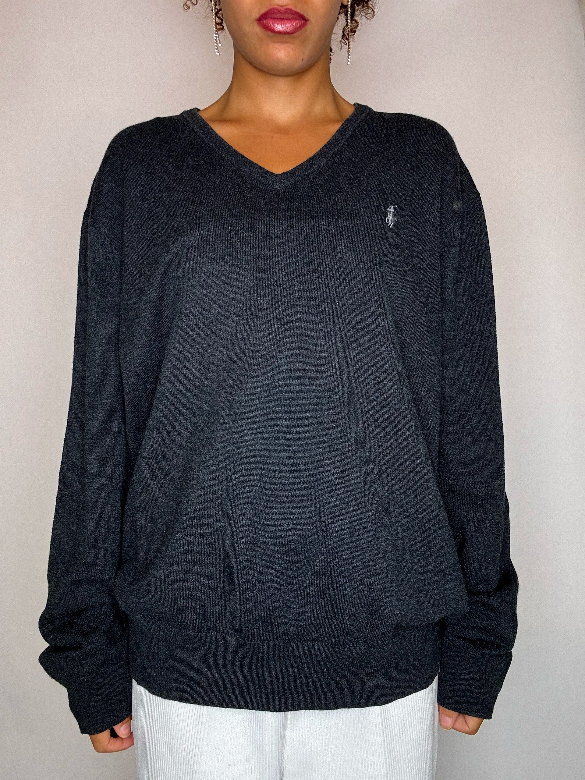 Pull col V gris foncé RALPH LAUREN L vintage