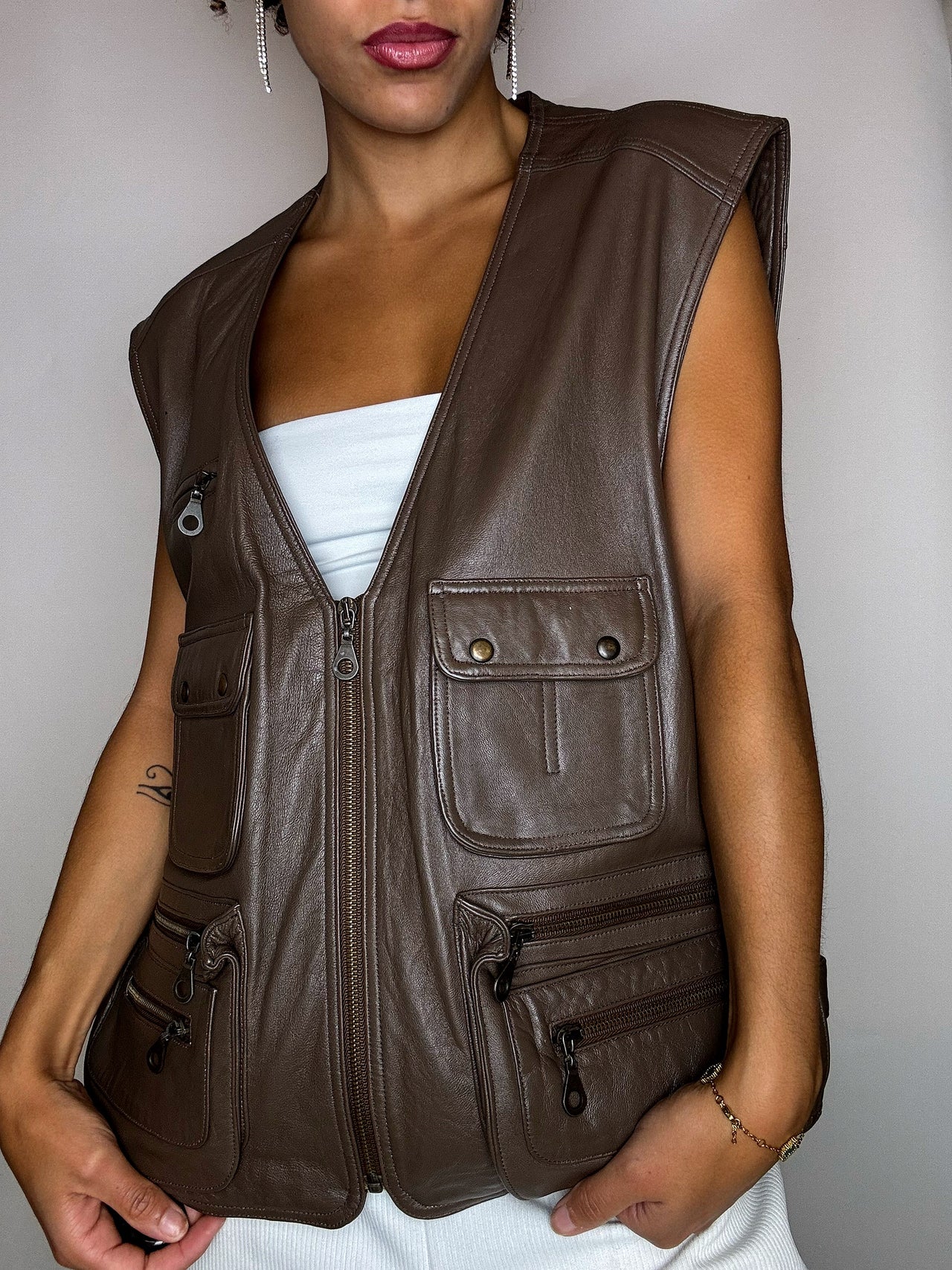 Gilet en cuir brun XL vintage