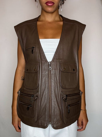 Gilet en cuir brun XL vintage