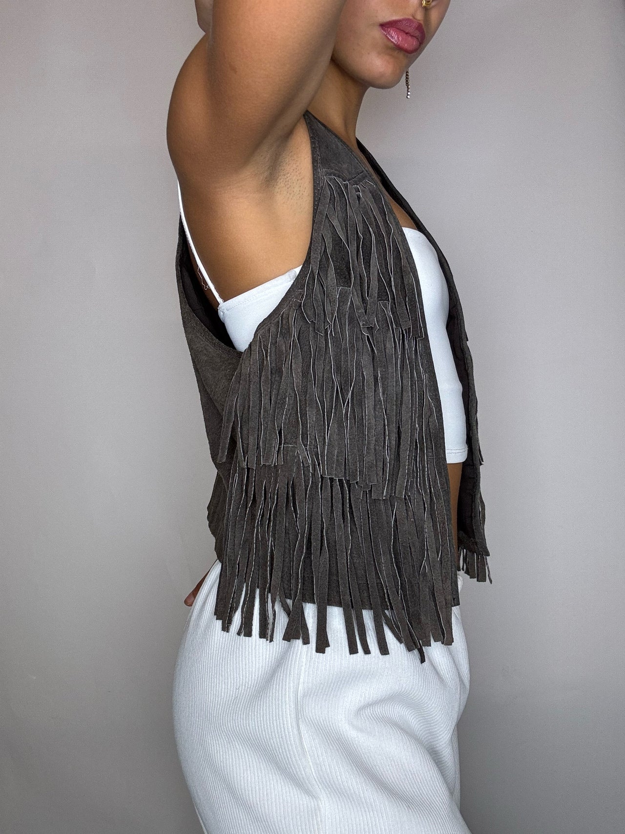 Gilet à franges brun en daim S/M vintage