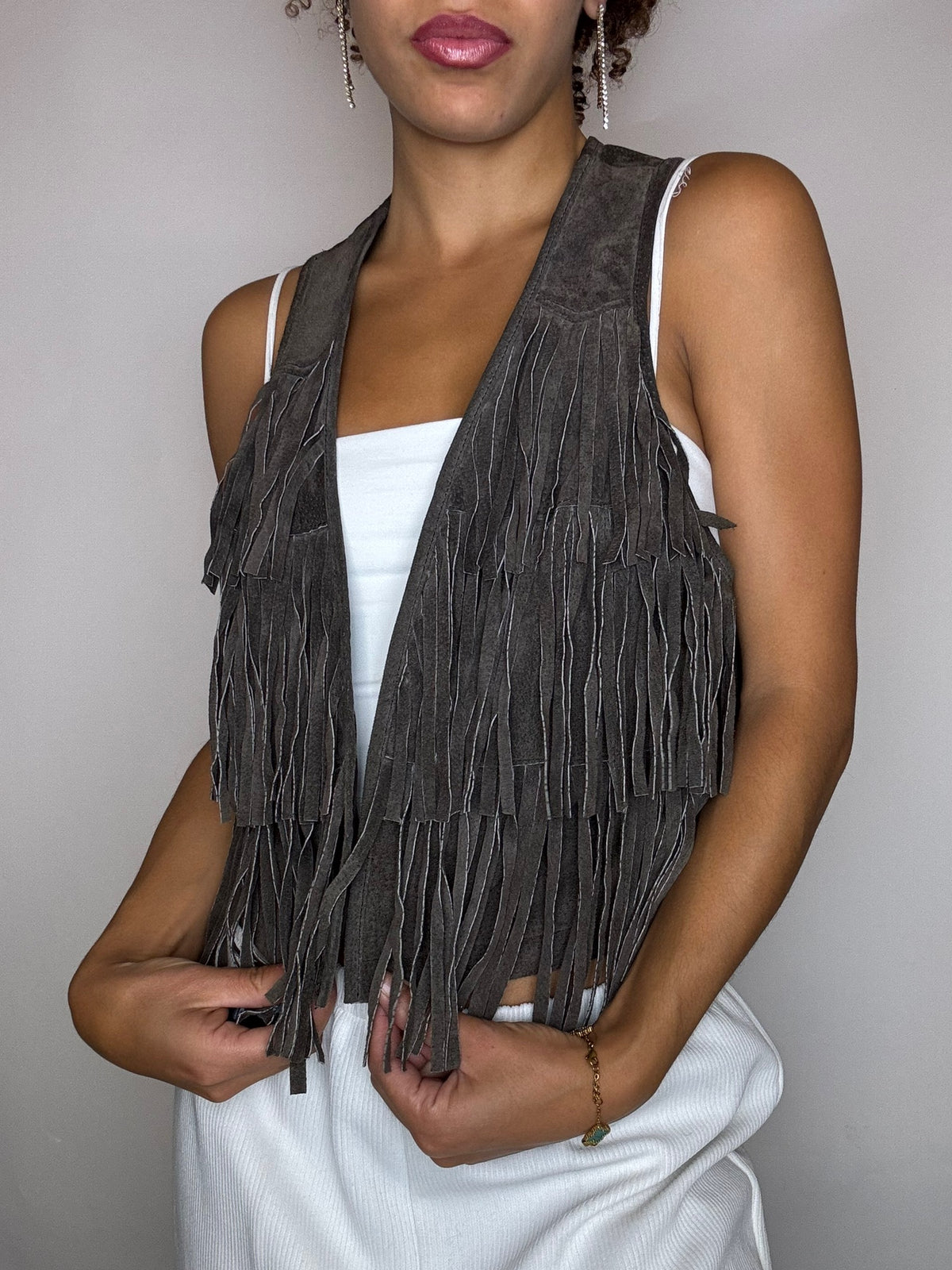 Gilet à franges brun en daim S/M vintage