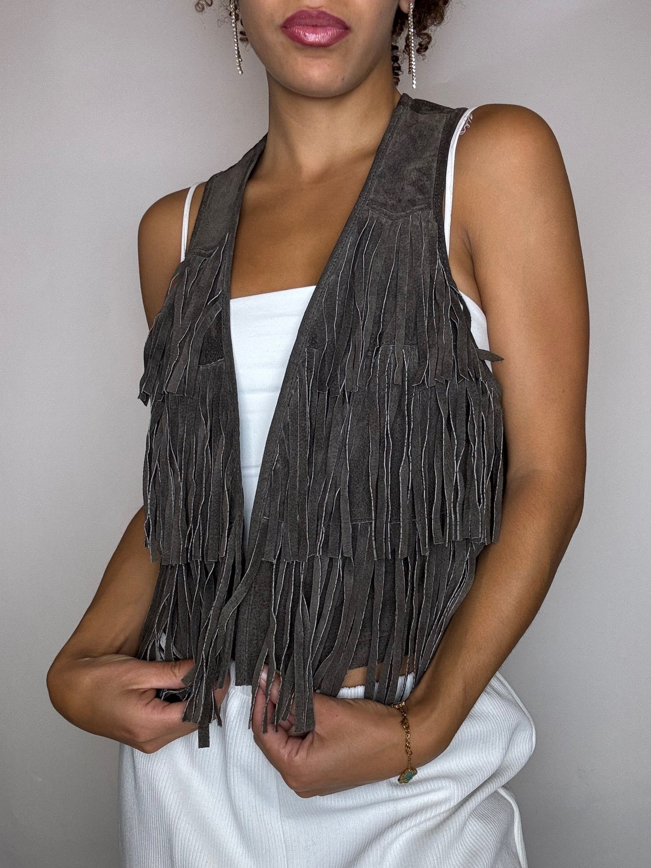 Gilet à franges brun en daim S/M vintage
