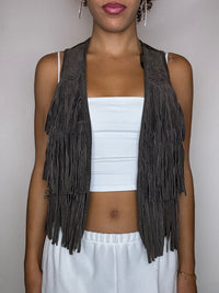Gilet à franges brun en daim S/M vintage